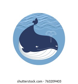 Blue whale icon. Cute cartoon sign. Powerful and dynamic ocean marmals. Wildlife underwater sea symbol. Design for save wahles sticker, nautical background. Vector oceanic animal watching funny emblem