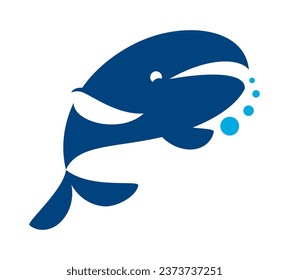 Blue whale icon, sea or ocean marine animal silhouette, vector isolated symbol. Blue whale icon of wild nature fish with water bubbles for company sign and corporate emblem