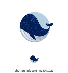 Blue whale illustration. Whale icon. Ocean or sea food restaurant emblems. Whale in a circle, isolated, on a white background.
