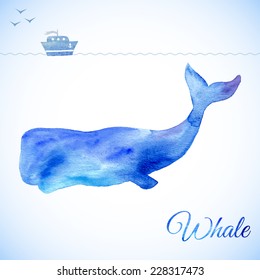 Blue Whale Illustration under the water. Small ship above, little boat  on white. Watercolor whale. Vector illustration of watercolor whale, 