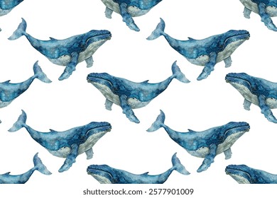 Blue whale  illustration vector seamless pattern. Oceanic animal wildlife sketch. Blue whale seamless pattern for textile print. Ocean marine species. 