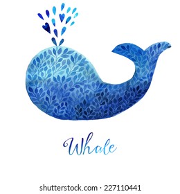 Blue Whale Illustration. Watercolor whale. Vector illustration of watercolor whale, made of blue flower ornament