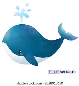 Blue whale illustration in watercolour style. Whale is splashing water isolated from background.