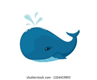 Blue whale isolated on white background. Icon of cute marine animal, illustration.