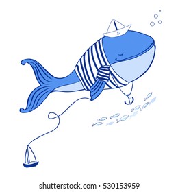 Blue Whale in jacket vest with paper boat and anchor cartoon illustration isolated on white background, vector doodle wild animal, fish line art, Character design for travel card, children invitation