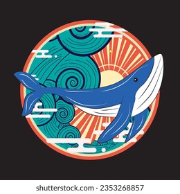 blue whale with japanese style background illustration, logo