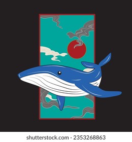 blue whale with japanese style background illustration, logo