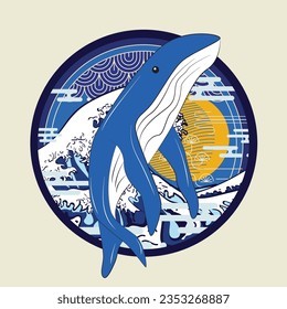 blue whale with japanese style background illustration, logo