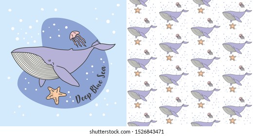 Blue Whale. Jelly Fish in Blue Sea vector illustration and pattern