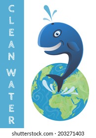 Blue whale jumping out of clean water Earth globe vector illustration