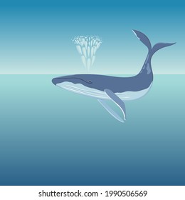 A blue whale lies on the surface of the ocean starts a fountain jet from the water vector illustration. World whale day. Liberty and save whale. World oceans day. For postcard, icon, banner, poster