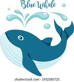 Blue whale logo. Cartoon animal on white background. Design element of the sea, ecology, environmental protection and wildlife. Isolated. Vector illustration
