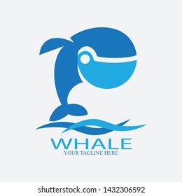 Blue whale logo design with wave