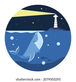 a blue whale looks at the lighthouse from the water
