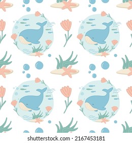 blue whale in the ocean among the waves, fish, flowers. childrens vector pattern. drawing for the design of children's products.