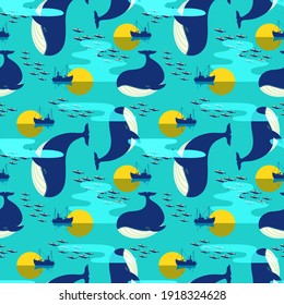 Blue Whale in Ocean. Decorative seamless vector pattern. Salt Sea underwater mammal sign. Cute whale, aquatic fish cartoon background. Sea life wallpaper decor, banner, print design element illustration