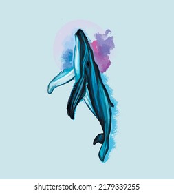 Blue whale ocean hand drawn vector illustration