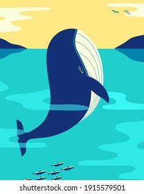 Blue Whale in ocean minimalist flat color vector poster. Powerful dynamic ocean mammals cartoon design. Wildlife underwater sea background illustration. Save whales oceanic animal banner template