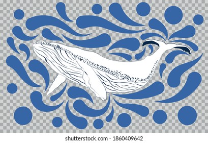 Blue Whale Ocean with splash water in flat style. Vector Illustration