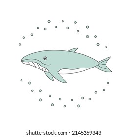 Blue whale on a white background air bubbles cute character vector illustration.