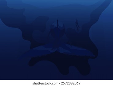 Blue whale, open ocean, sea, diver, nature, World Oceans Day concept, vector