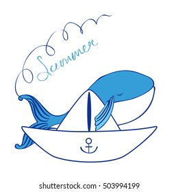 Blue Whale with paper boat cartoon illustration isolated on white background, vector graphic colorful doodle animal, Character design for greeting card, children invite, baby shower, element pattern