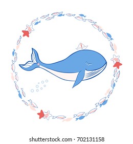 Blue Whale with paper boat cartoon illustration isolated on white background, vector doodle animal, round frame fish line art, decorative wreath, Character design for travel card, children invitation