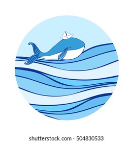 Blue Whale with paper boat on head cartoon illustration isolated on wave background, vector colorful doodle animal, round frame, Character design for greeting card, children invitation, baby shower