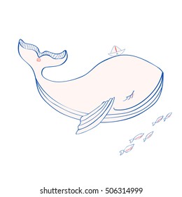 Blue Whale with paper boat on head, cartoon illustration isolated on white background, vector graphic colorful doodle animal, Character design for greeting card, children invitation, baby shower