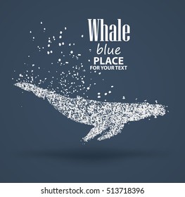 Blue whale ,particle divergent composition, vector illustration ,isolated on blue background