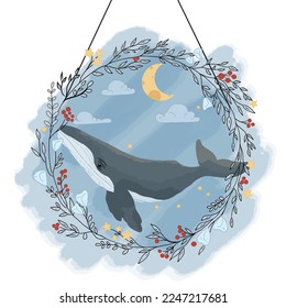 The blue whale in the particular wintertime in the sky with the flowers around.