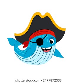 Blue whale pirate in flat style on a white background. Sea creatures. Cartoon whale.