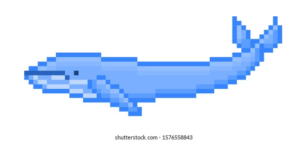 Blue whale, pixel art character icon isolated on white background. Old school vintage retro slot machine/video game graphics. 8 bit wildlife largest aquatic animal illustration.