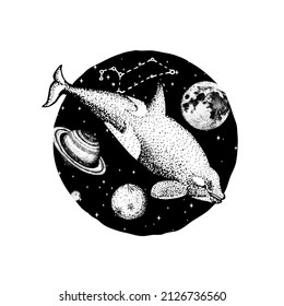 Blue whale and planets in solar system. Astronomical galaxy space. Explore adventure. Engraved hand drawn in old sketch. 