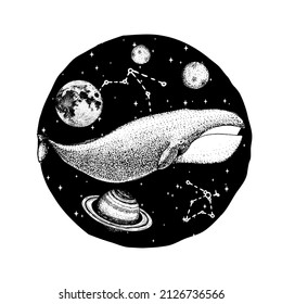 Blue whale and planets in solar system. Astronomical galaxy space. Explore adventure. Engraved hand drawn in old sketch. 