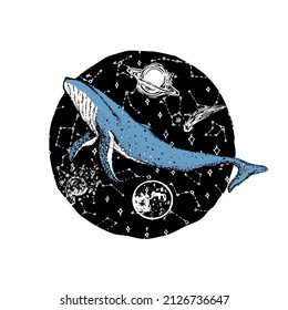 Blue whale and planets in solar system. Astronomical galaxy space. Explore adventure. Engraved hand drawn in old sketch. 