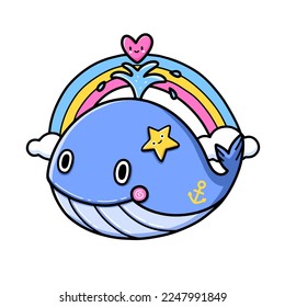 Blue whale with rainbow, mini heart, star fish. Cute cartoon character design.