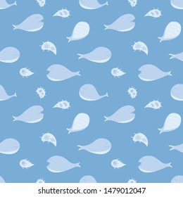 Blue whale in relax action swimming and eating plankton cartoon design seamless pattern. Vector illustration wallpaper and background.