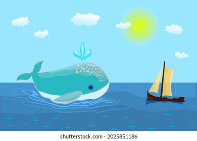 Blue whale and sailboat in the ocean. Seascape with boat and whale. Fish and ship in blue sea. Meeting at sea of whale and vessel. Marine motifs. World whales day.Save whales.Stock vector illustration