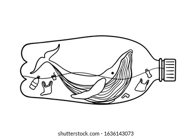 Blue whale say no plastic. Vector illustration in doodle style on a white background. 