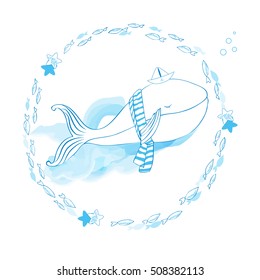 Blue Whale in scarf with paper boat cartoon illustration isolated on watercolor wave background, vector doodle animal, round frame fish line art, Character design for travel card, children invitation