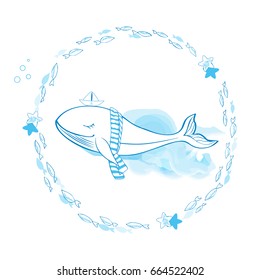 Blue Whale in scarf with paper boat cartoon illustration isolated on watercolor wave background, vector doodle animal, round frame fish line art, Character design for travel card, children invitation