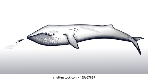 Blue whale and scuba diver under the ocean water. Hand drawn vector illustration on a white background.