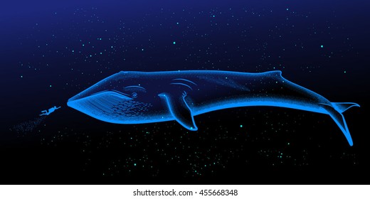 Blue whale   scuba diver under the ocean water 
