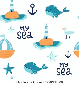 Blue whale in the sea Cute cartoon background seamless pattern The design used for Textile, Clothing Pattern, Print, Wallpaper, Vector Illustration.