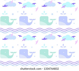 Blue whale in the sea. Waves and drops pattern