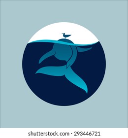 Blue whale with seagull sign emblem vector illustration