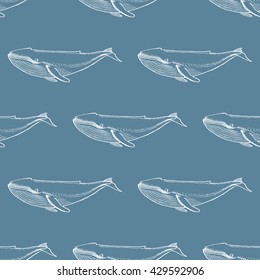 Blue whale seamless pattern. Hand drawn nautical background. Sea theme vector illustration.