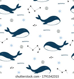 Motif harmonieux de baleine bleue Arrière-plan animal à la Main, création dessinée à la main, modèle de dessin animé Utilisé pour les textiles, les motifs de vêtements, les impressions, fond d'écran Illustration Vectorielle