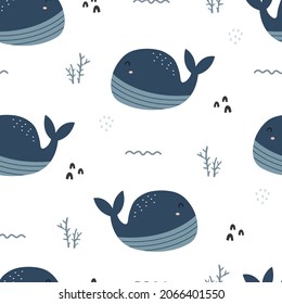 Patrón de ballena azul marino sin costura para los niños. Diseño dibujado a mano al estilo de las caricaturas. Uso para textiles, impresiones, papel pintado, ilustraciones vectoriales.